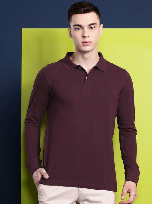 hancock maroon cotton slim fit solid polo t-shirts