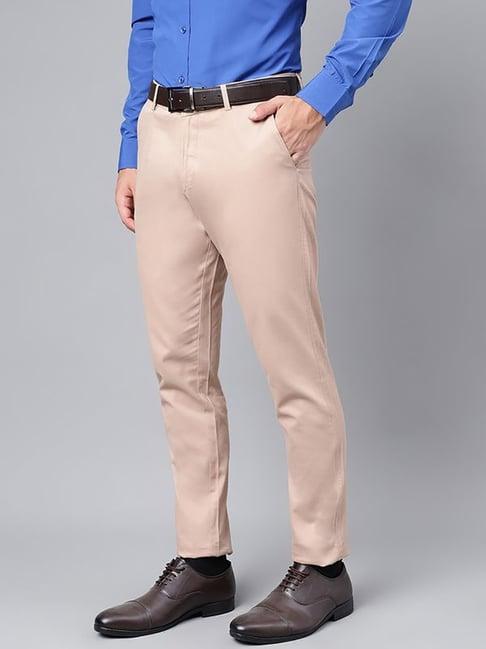 hancock beige cotton slim fit solid trousers