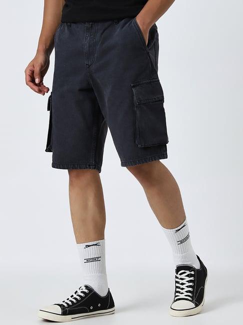 nuon by westside charcoal mid-rise relaxed-fit cotton shorts