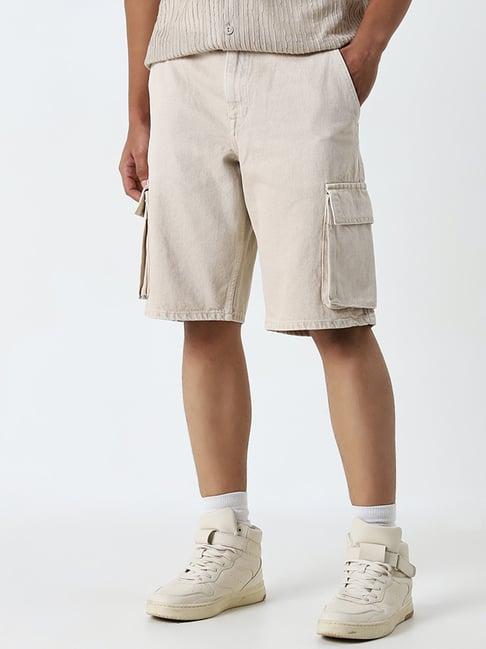 nuon by westside beige cargo-style mid-rise relaxed-fit cotton shorts