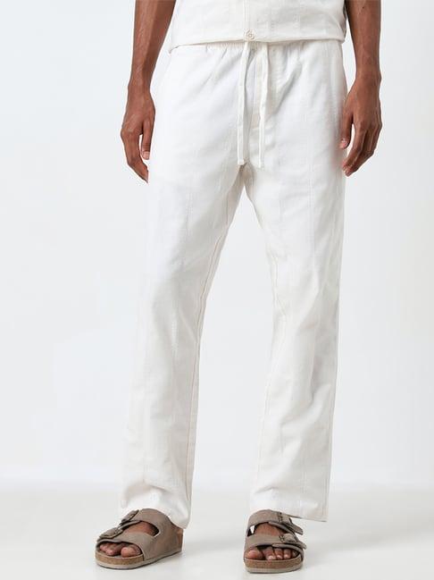 eta by westside white self-striped relaxed-fit mid-rise cotton chinos