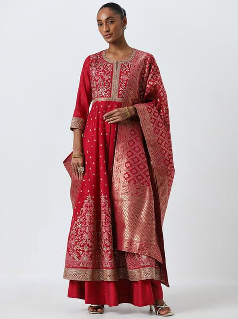 vark by westside magenta embroidered kurta, skirt and dupatta set