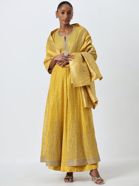 vark by westside mustard embellished kurta, skirt and dupatta set