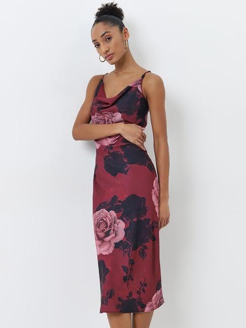 wardrobe by westside burgundy floral printed slip dress