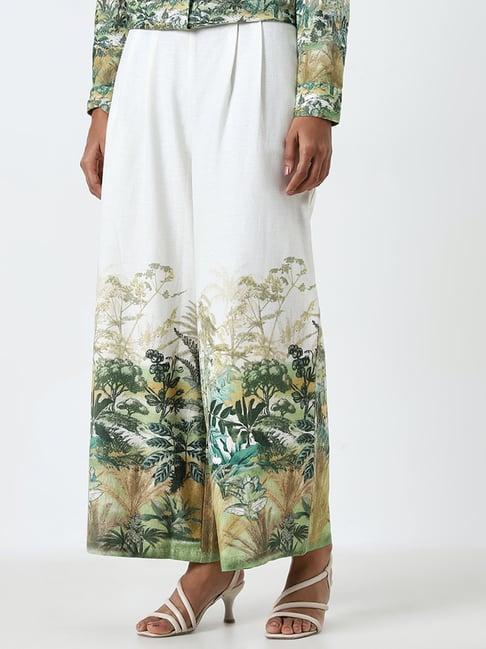 lov by westside off-white printed high-rise blended linen palazzos