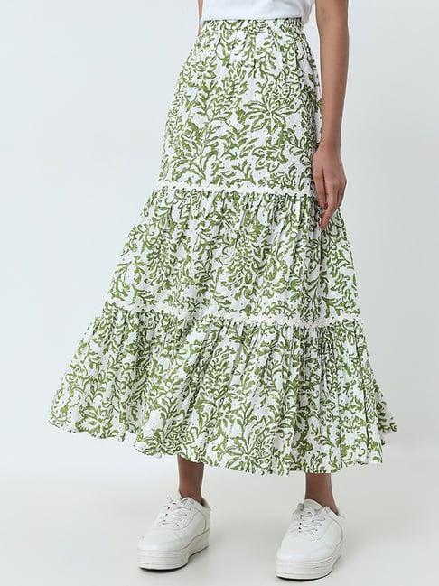 lov by westside green leaf design tiered cotton skirt