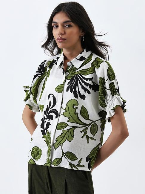 lov by westside off-white foliage printed blended linen shirt