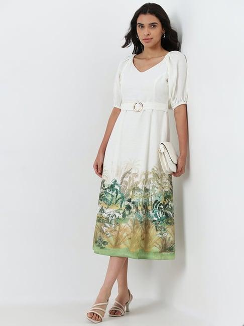 lov by westside off-white printed blended linen a-line dress with belt