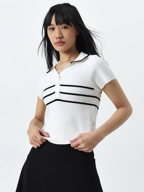 studiofit by westside white ribbed textured collared cotton t-shirt