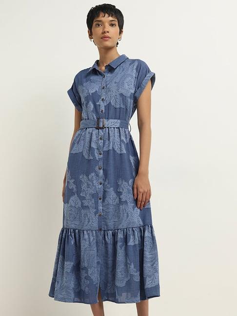 lov by westside blue leaf printed tiered shirt dress with belt