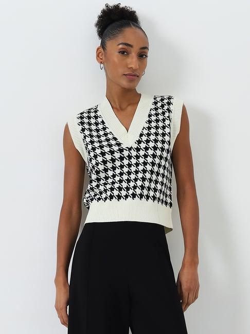 wardrobe by westside black houndstooth printed vest sweater