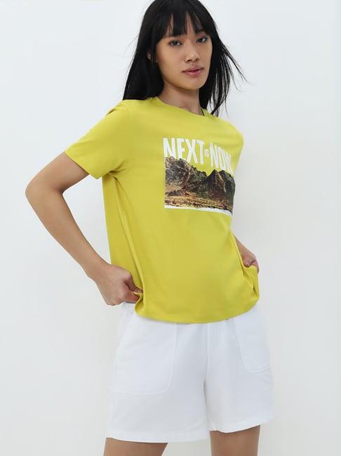 studiofit by westside yellow printed cotton t-shirt