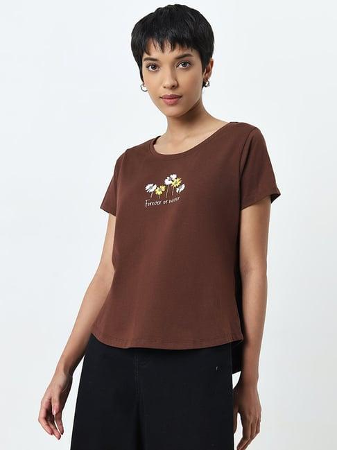 lov by westside brown floral design cotton t-shirt