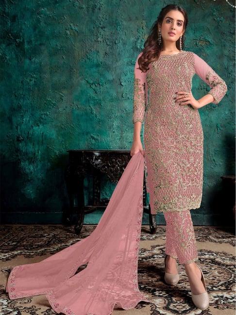 odette pink embroidered semi stitched dress material