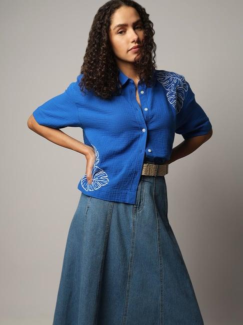 vero moda blue embroidered shirt