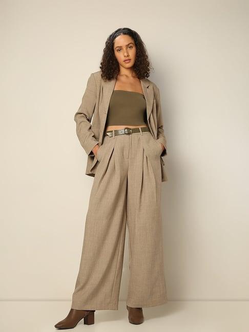 vero moda grey straight fit high rise pleated trousers