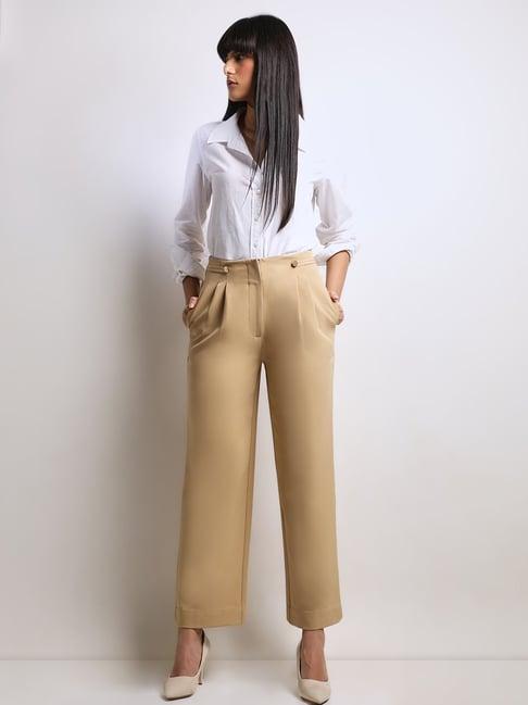 vero moda beige straight fit high rise pleated trousers