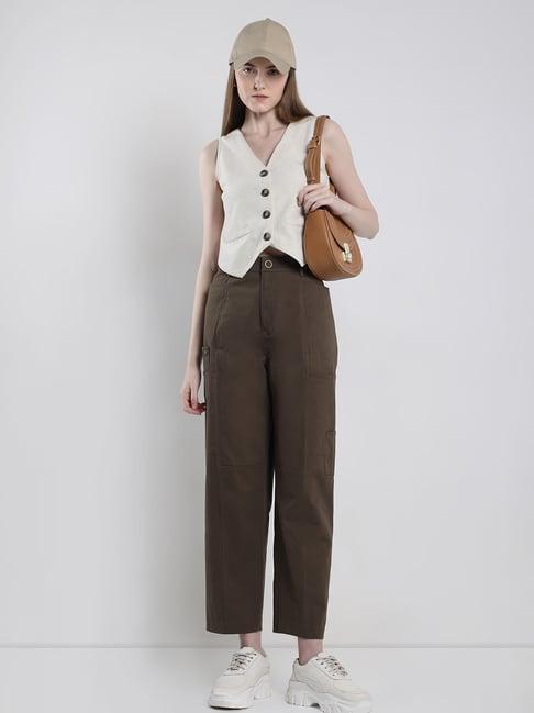 vero moda dark olive straight fit high rise trousers