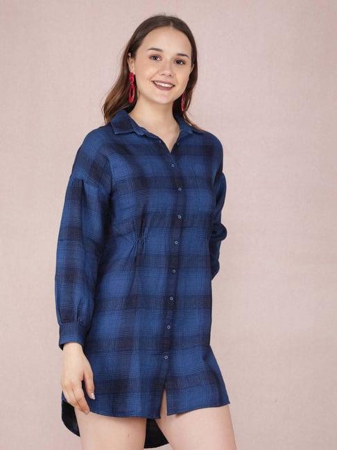 crimsoune club navy cotton chequered shirt dress