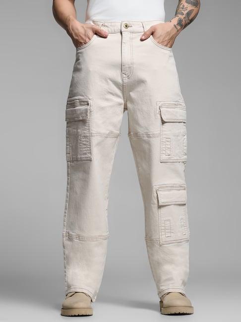 jack & jones beige cotton loose fit denim jeans