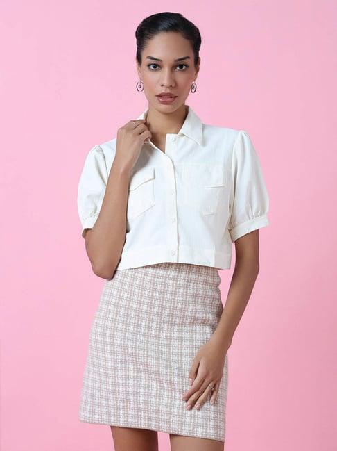 showoff cream cotton slim fit crop shirt