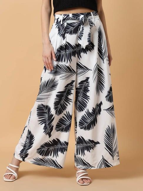 showoff black & white printed mid rise pants with belt