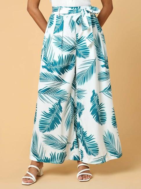 showoff white & teal printed mid rise pants with belt