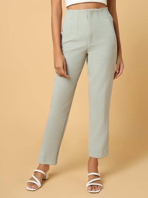 showoff sea green slim fit mid rise trousers