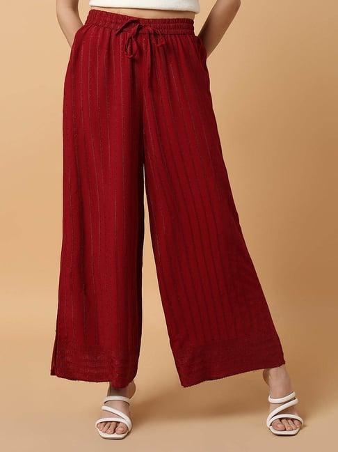 showoff maroon cotton embroidered mid rise pants