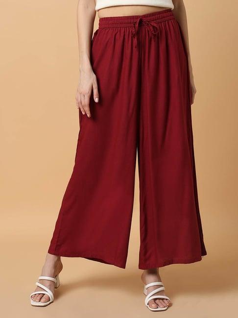 showoff maroon cotton straight fit mid rise pants