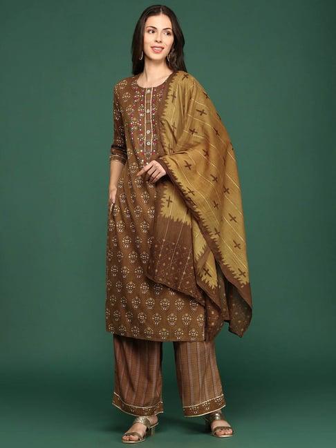 showoff brown embellished kurta with palazzos & dupatta