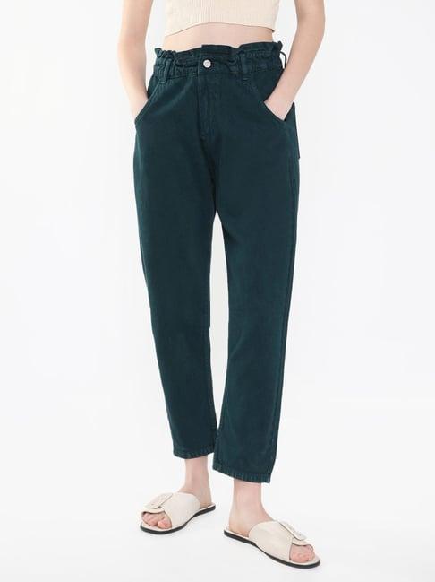 showoff teal denim relaxed fit mid rise jeans