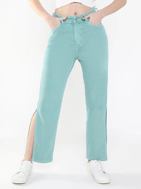 showoff sea green denim straight fit high rise jeans