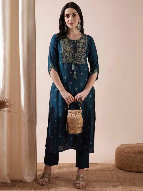 globus teal embroidered kurta pant set