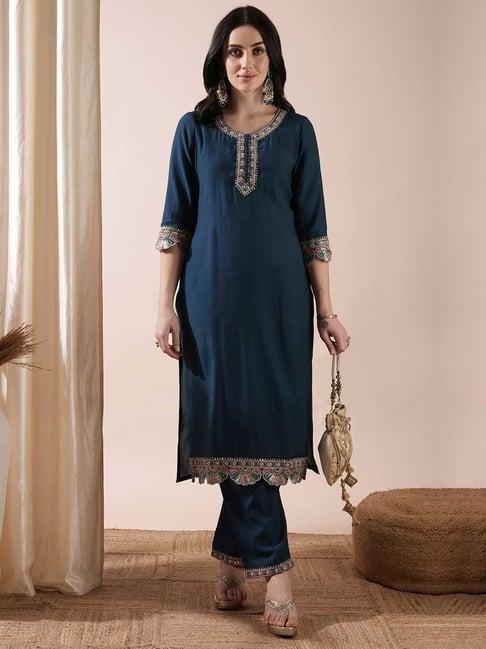 globus teal embroidered kurta pant set