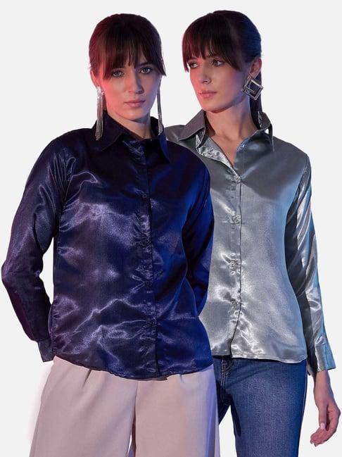 buynewtrend navy & grey regular fit shirt (pack of 2)