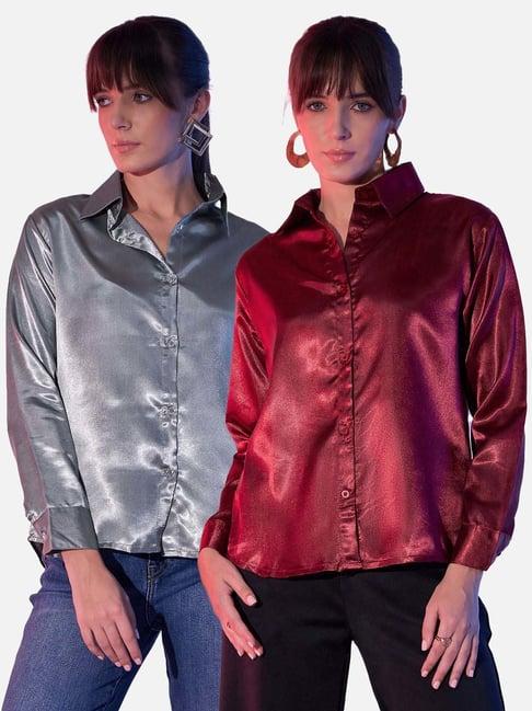 buynewtrend grey & maroon regular fit shirt (pack of 2)