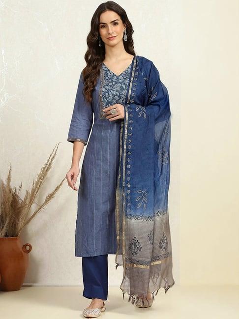 biba blue cotton embroidered unstitched dress material