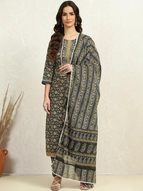 biba green cotton printed unstitched dress material