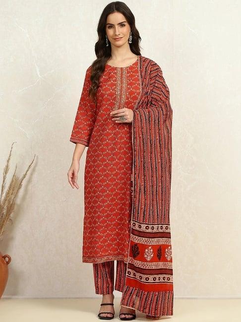 biba red cotton embroidered unstitched dress material