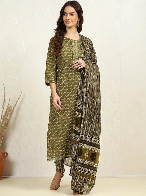 biba green cotton embroidered unstitched dress material