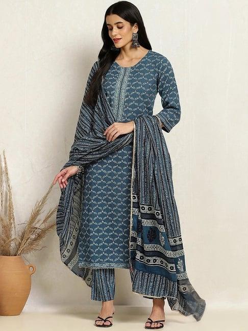 biba blue cotton embroidered unstitched dress material