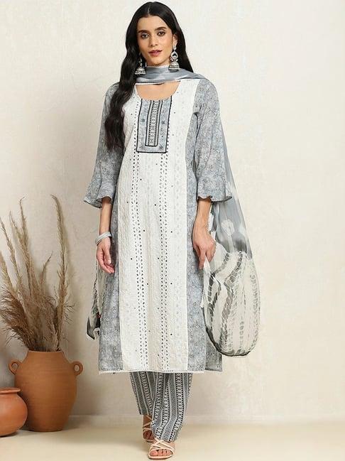 biba grey cotton embroidered unstitched dress material