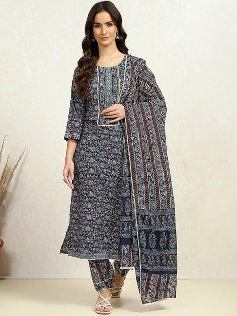 biba blue cotton embroidered unstitched dress material