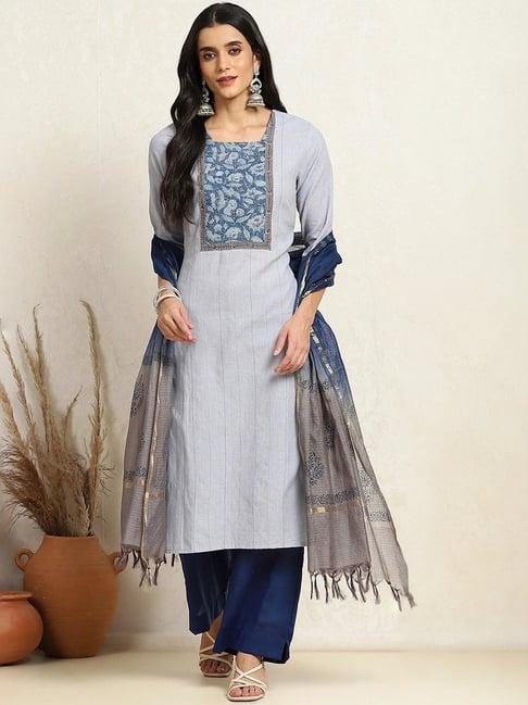 biba greyish blue cotton embroidered unstitched dress material