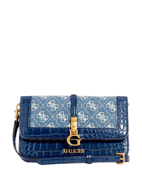 guess blue & white printed sling handbag