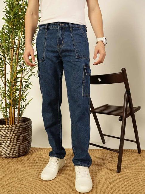 thomas scott mid blue cotton loose fit cargo jeans