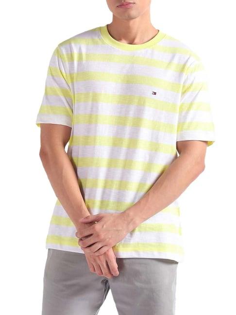 tommy hilfiger tulip yellow & white cotton regular fit striped t-shirt