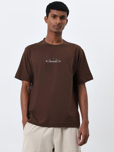 studiofit by westside dark brown text design relaxed-fit cotton t-shirt