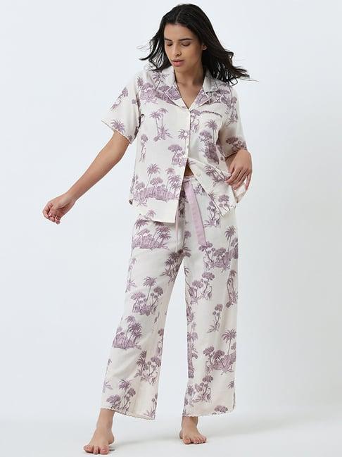 wunderlove by westside lilac printed cotton shirt and pyjamas set